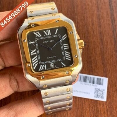 Cartier Santos 100 Gold Dual Dual Tone Black Dial Swiss Automatic Watch