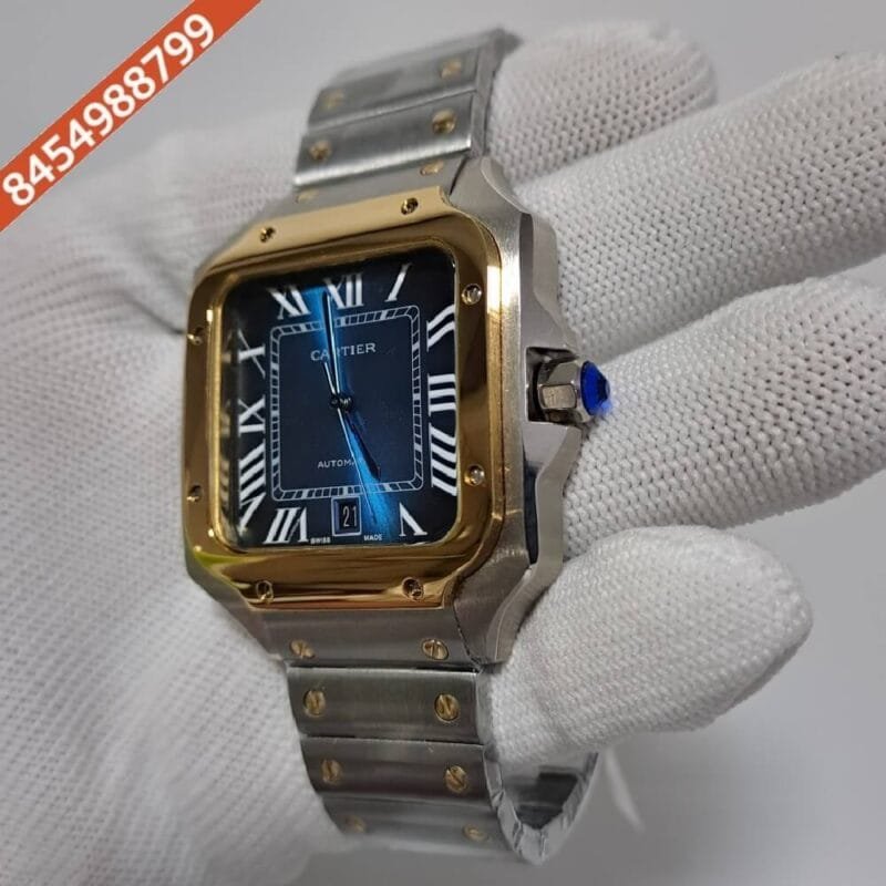 Cartier Santos 100 Gold Dual Tone Blue Dial Swiss Automatic Watch - Image 2