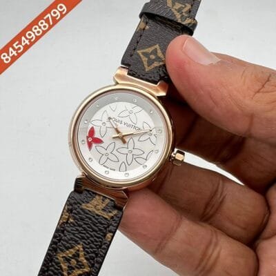 Louis Vuitton Rose Gold White Dial Leather Swiss Watch