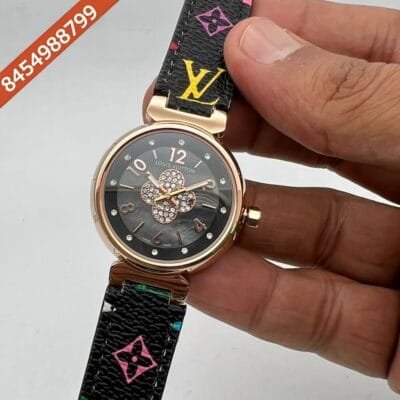 Louis Vuitton Rose Gold Black Dial Leather Watch