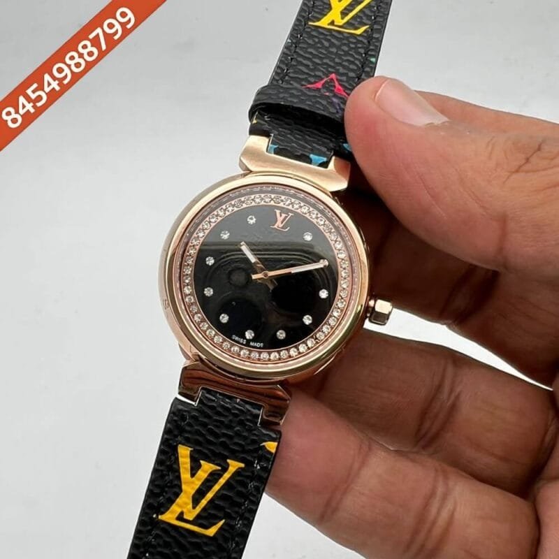 Louis Vuitton Rose Gold Diamond Studded Black Dial Leather Swiss Watch