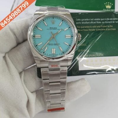 Rolex Oyster Perpetual Silver Blue Dial Swiss ETA 3230 Automatic Movement Watch