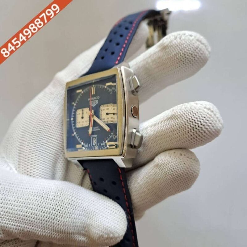 Tag Heuer Monaco Caliber 12 Blue Dial Blue Leather Strap Swiss Watch - Image 2