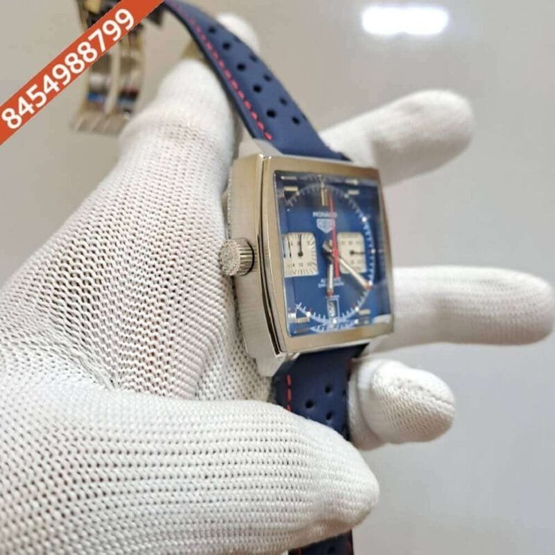 Tag Heuer Monaco Caliber 12 Blue Dial Blue Leather Strap Swiss Watch - Image 3