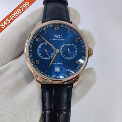 I W C Portuguese Power Reserve Rose Gold Case Blue Dial Blue Leather Strap Swiss Automatic Watch