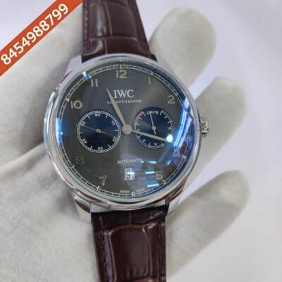 I W C Portuguese Power Reserve Silver Grey Dial Leather Strap Swiss Automatic Watch
