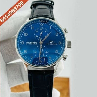 I W C Portugieser Chronograph Silver Blue Dial Leather Strap Swiss Automatic Watch