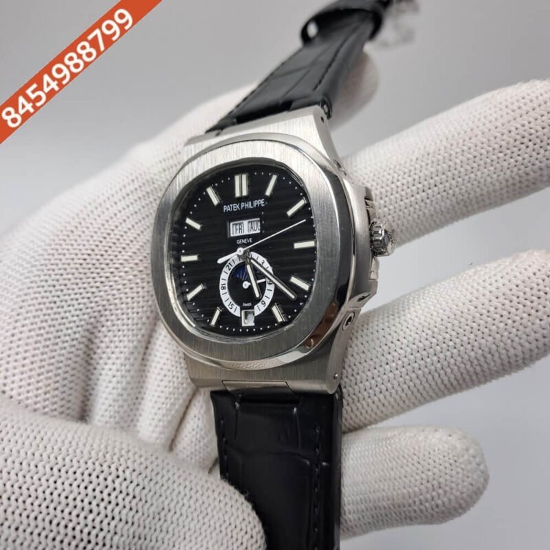Patek Philippe Nautilus Annual Calendar Moon Phase Leather Strap Swiss Automatic Watch - Image 2