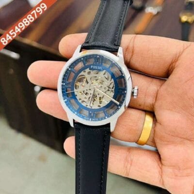 Fossil Blue Skeleton Dial Black Leather Swiss Automatic Watch