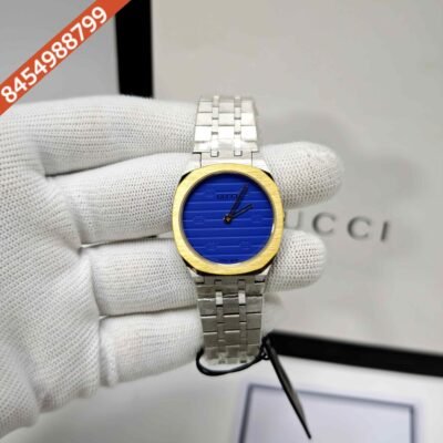 Gucci 25H Golden Bazel Blue Dial Stainless Steel Strap Swiss Quartz Watch