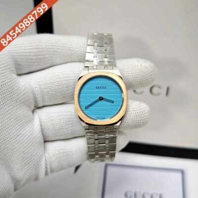 Gucci 25H Golden Bazel Ocean Blue Dial Stainless Steel Strap Swiss Quartz Watch