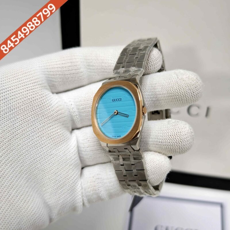 Gucci 25H Golden Bazel Ocean Blue Dial Stainless Steel Strap Swiss Quartz Watch - Image 2