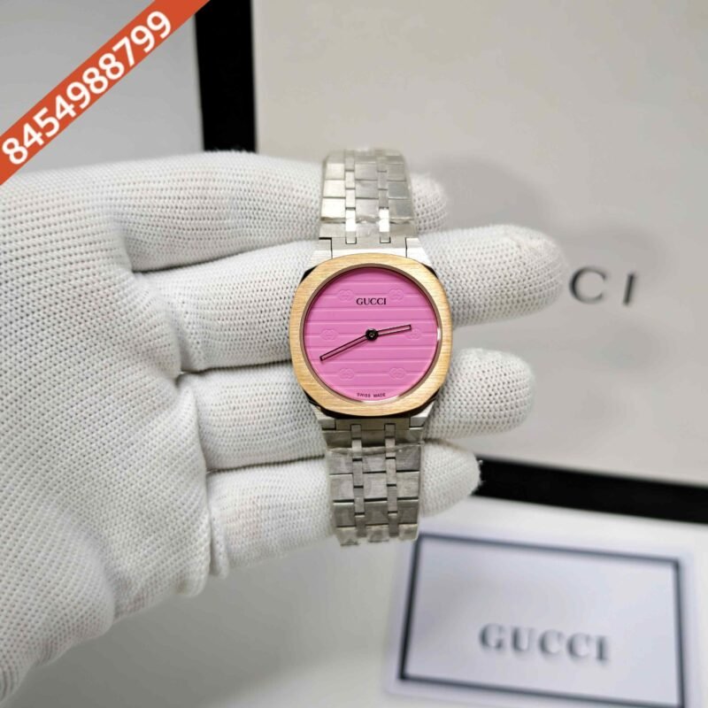 Gucci 25H Golden Bazel Pink Dial Stainless Steel Strap Swiss Quartz Watch