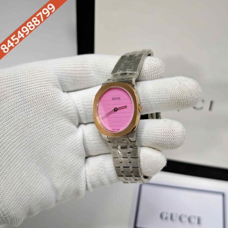 Gucci 25H Golden Bazel Pink Dial Stainless Steel Strap Swiss Quartz Watch - Image 2
