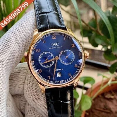 I W C Portuguese Power Reserve Rose Gold Blue Dial Leather Strap Swiss