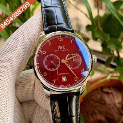 I W C Portuguese Power Reserve Silver Red Dial Leather Strap Swiss Automatic Watch