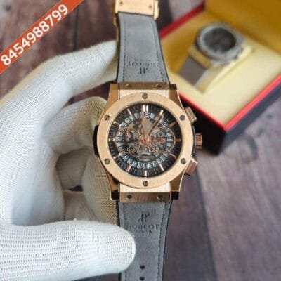 Hublot Classic Fussion Chronograph Rose Gold Case Grey Leather Strap Watch
