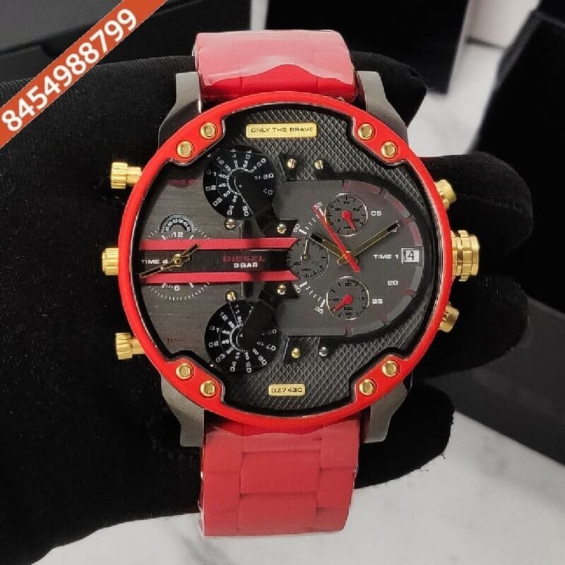 Diesel Big Daddy Black Dial Stainless Steel Red Strap Swiss Quartz Watch