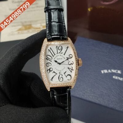 Franck Muller Cintree Curvex Diamond White Dial Black Leather Strap Quartz Watch