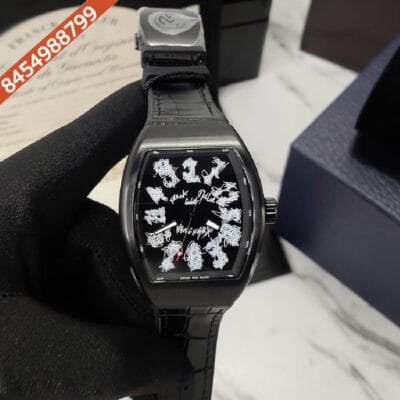 Franck Muller VANGAURD CRAZY HOURS Black Dial Black Leather Strap Automatic Watch
