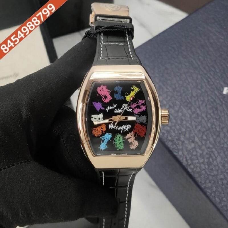Franck Muller VANGAURD CRAZY HOURS Black Dial Black Leather Strap Automatic Watch