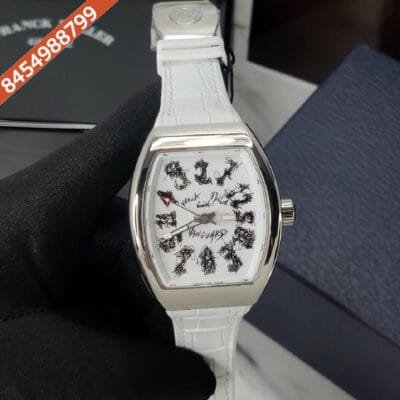 Franck Muller VANGAURD CRAZY HOURS White Dial White Leather Strap Automaic Watch