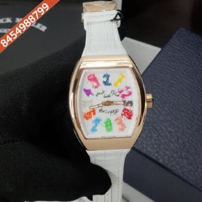 Franck Muller VANGAURD CRAZY HOURS White Dial White Leather Strap Automatic Watch