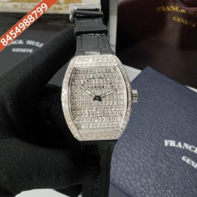 Franck Muller Vanguard Diamond White Diamond Dial Black Leather Strap Quartz Watch