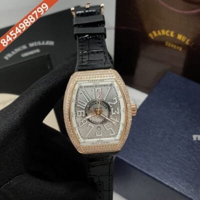 Franck Muller Vanguard Grey Dial Black Leather Strap Quartz Watch