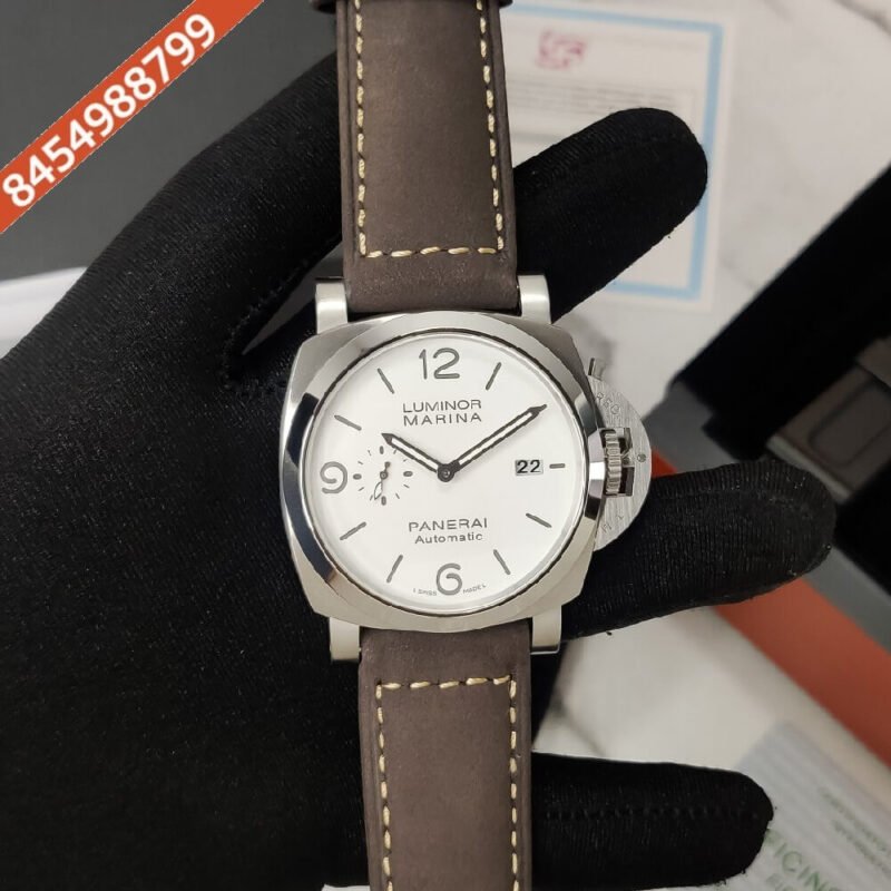 Buy First Copy Luminor Panerai Marina White Dial Stainless Steel Case Brown Leather Strap Automatic Watch at Luxecartindia.in. Swiss automatic movement, premium Panerai replica, best price in India.