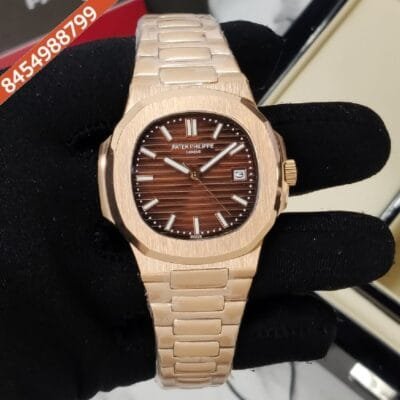 Patek Philippe Ex Nautilus Brown Dial Polished Rose Gold Strap Auotomatic Watch