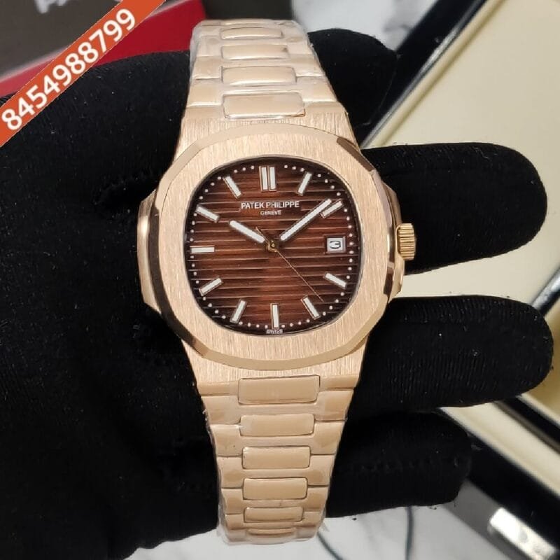 Patek Philippe Ex Nautilus Brown Dial Polished Rose Gold Strap Auotomatic Watch
