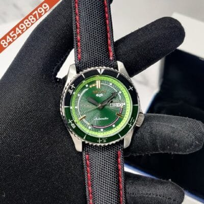 Seiko Sports Green Dial Stainless Steel Case Black leather Strap Swiss Automatic Watch
