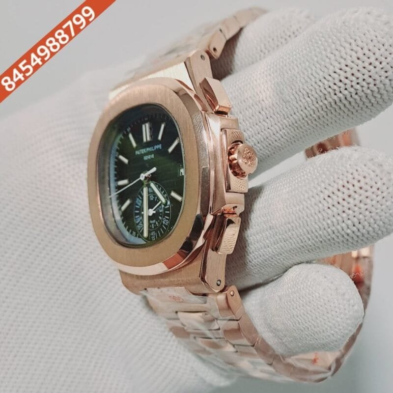 Patek Philippe Nautilus Polished Rose Gold Strap Chronograph Blue Dial Swiss Automatic Watch - Image 3