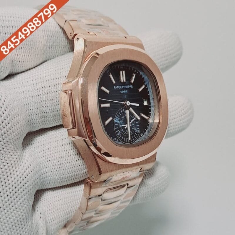 Patek Philippe Nautilus Polished Rose Gold Strap Chronograph Blue Dial Swiss Automatic Watch - Image 2