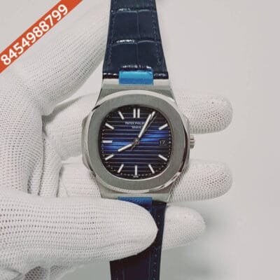 Patek Phillippe Nautilus Blue Dial Blue Leather Strap Swiss Automatic Watch