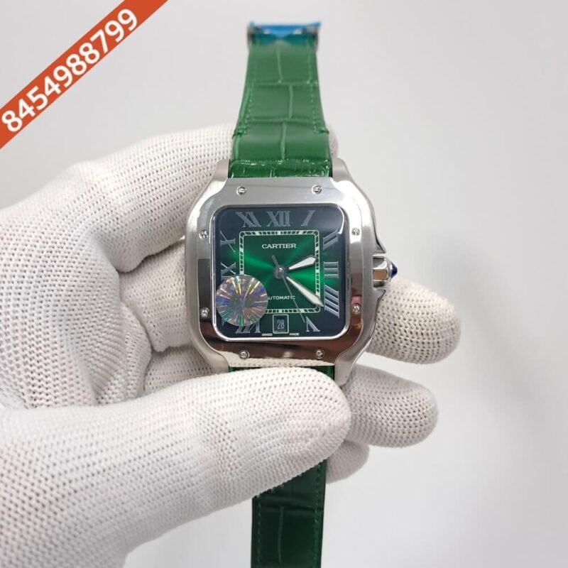 Cartier Santos De Silver Green Dial Green Leather Strap Swiss Automatic Watch
