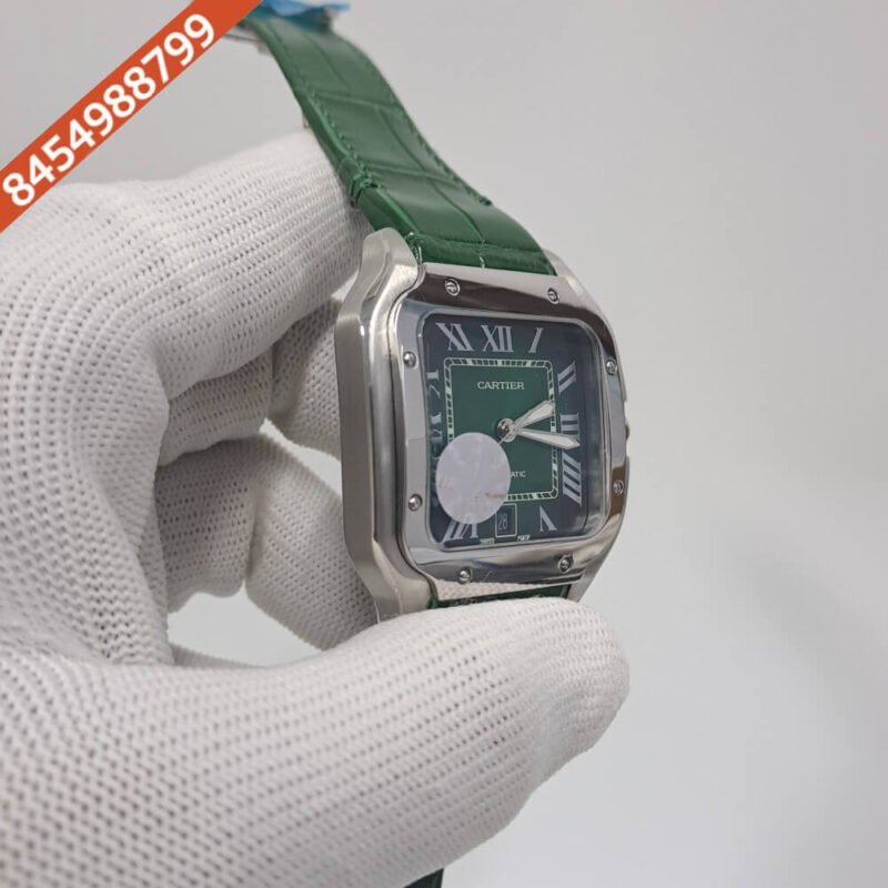 Cartier Santos De Silver Green Dial Green Leather Strap Swiss Automatic Watch - Image 2