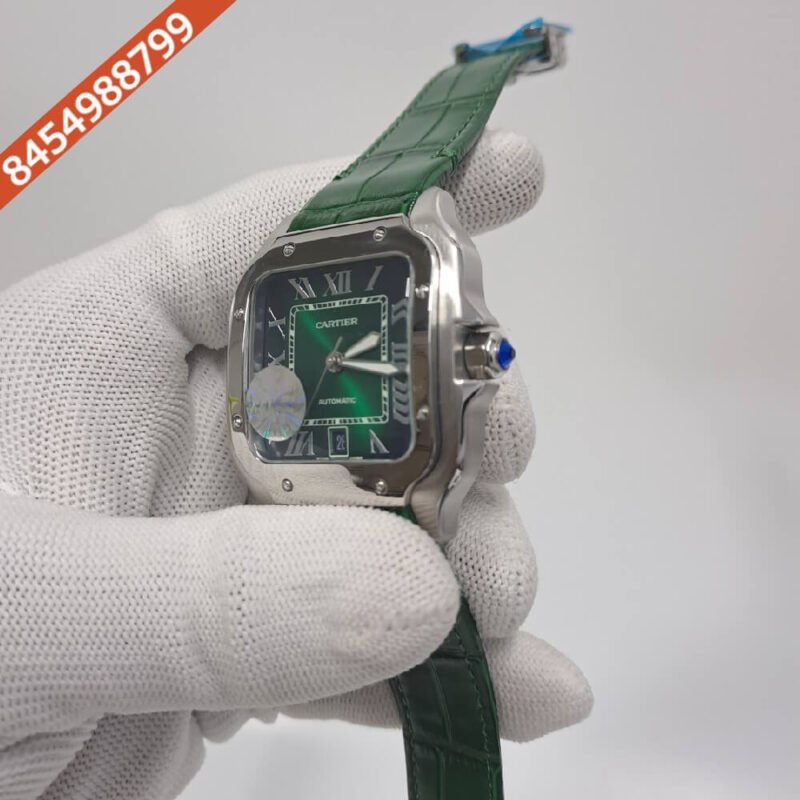 Cartier Santos De Silver Green Dial Green Leather Strap Swiss Automatic Watch - Image 3