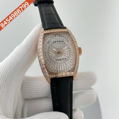 Franck Muller CASABLANCA Rose Gold White Diamond Dial Black Leather Strap Swiss Automatic Watch