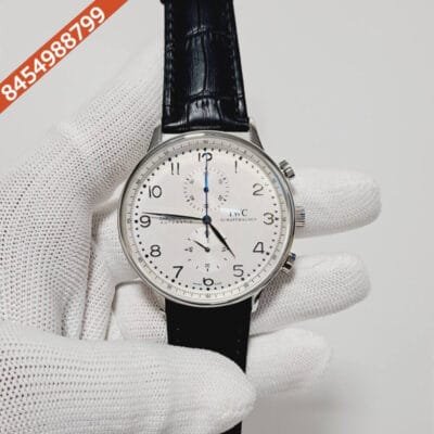 I W C Portugieser Chronograph White Dial Black Leather Strap Swiss Watch