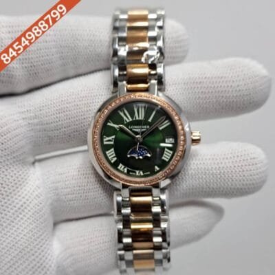 Longines PrimaLuna Dual Tone Diamond Green Dial Swiss Watch
