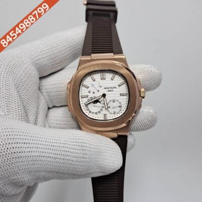 Patek Philippe Aquanaut White Dial Brown Rubber Strap Swiss Automatic Watch