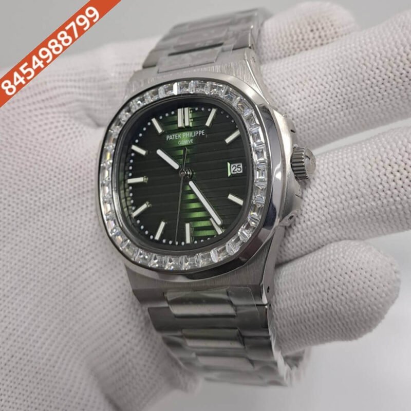 Patek Philippe Nautilus Silver Green White Emerald Swiss Automatic Watch - Image 3