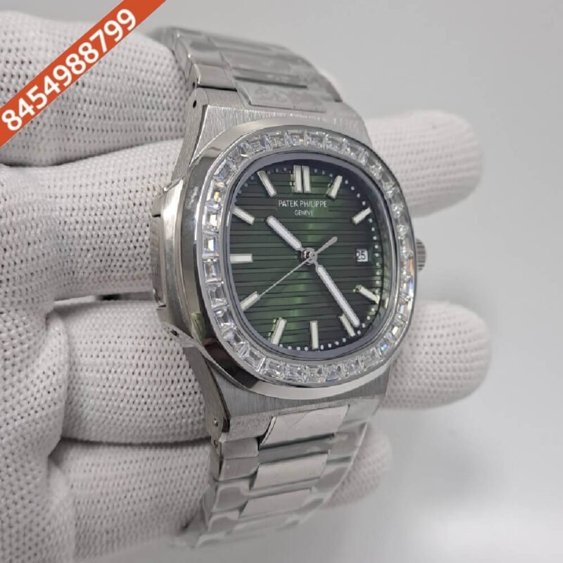 Patek Philippe Nautilus Silver Green White Emerald Swiss Automatic Watch - Image 2