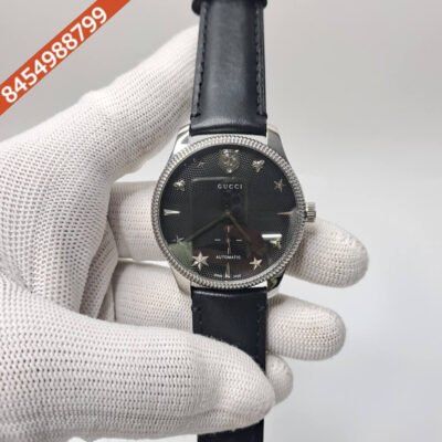Gucci G-Timeless Black Leather Auto Back Open Black Dial Swiss Automatic Watch