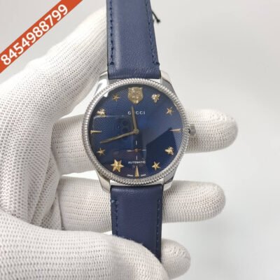 Gucci G-Timeless Blue Leather Auto Back Open Blue Dial Swiss Automatic Watch
