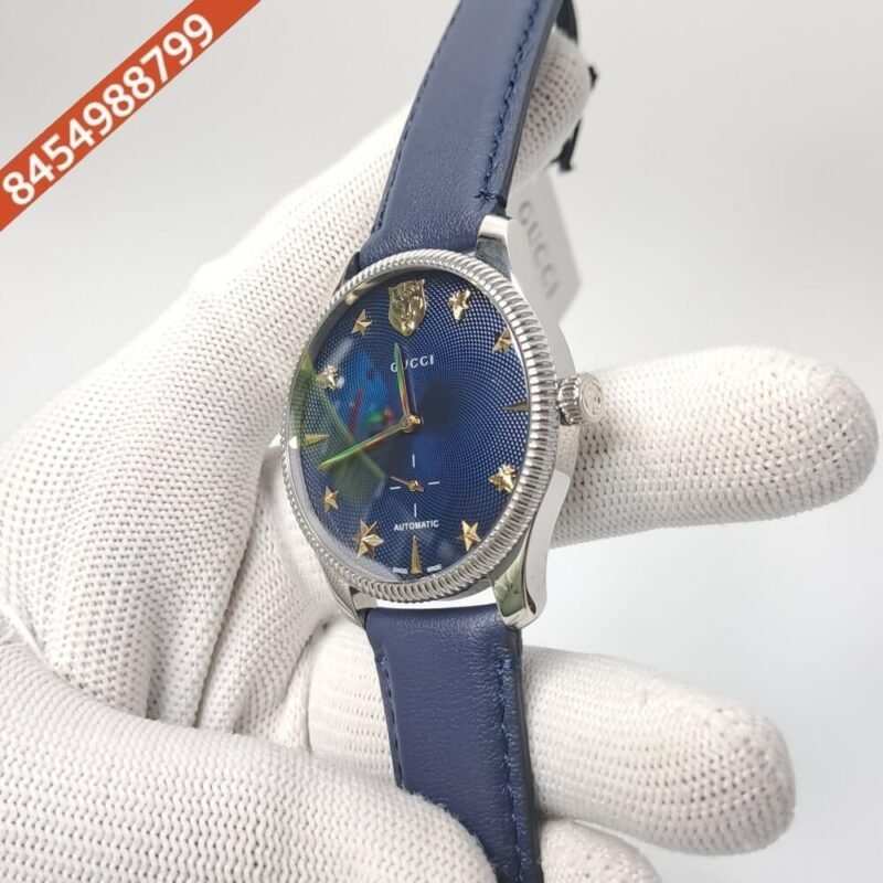 Gucci G-Timeless Blue Leather Auto Back Open Blue Dial Swiss Automatic Watch - Image 3