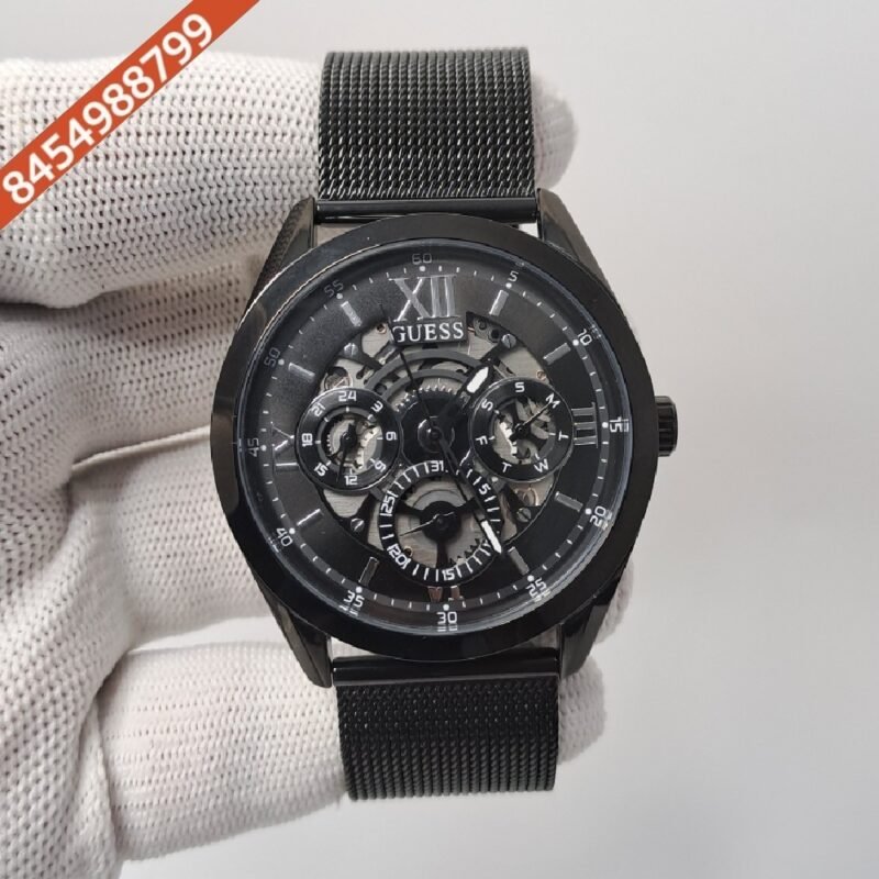 Guess Full Polished Black Skelton Dial Swiss Watch