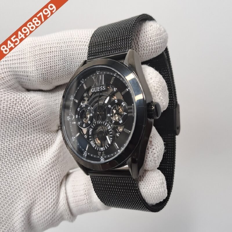 Guess Full Polished Black Skelton Dial Swiss Watch - Image 3